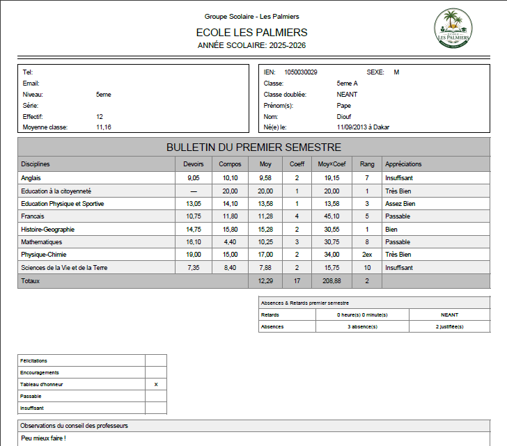Bulletin du premier semestre pour un élève de 5e A : huit disciplines avec devoirs, composition, moyenne, coefficient, rang et appréciation, puis le total et les absences du semestre.