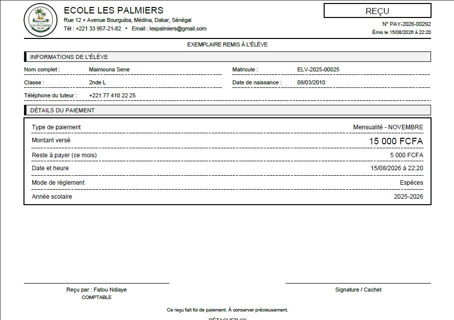 Reçu de paiement numéro PAY-2026-00292 à en-tête de École Les Palmiers : 15 000 FCFA versés en espèces pour la mensualité de novembre, 5 000 FCFA restant dus ce mois-là.